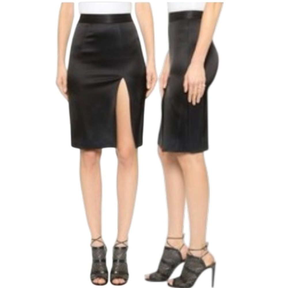 L'AGENCE Black Satin Front Slit Pencil Skirt High Waisted Midi Designer Size ?